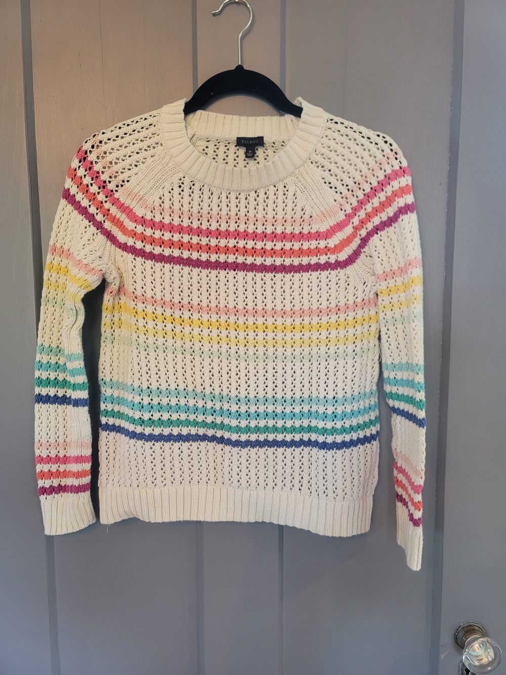 Talbots Cream Open-Knit Rainbow Stripe Sweater
